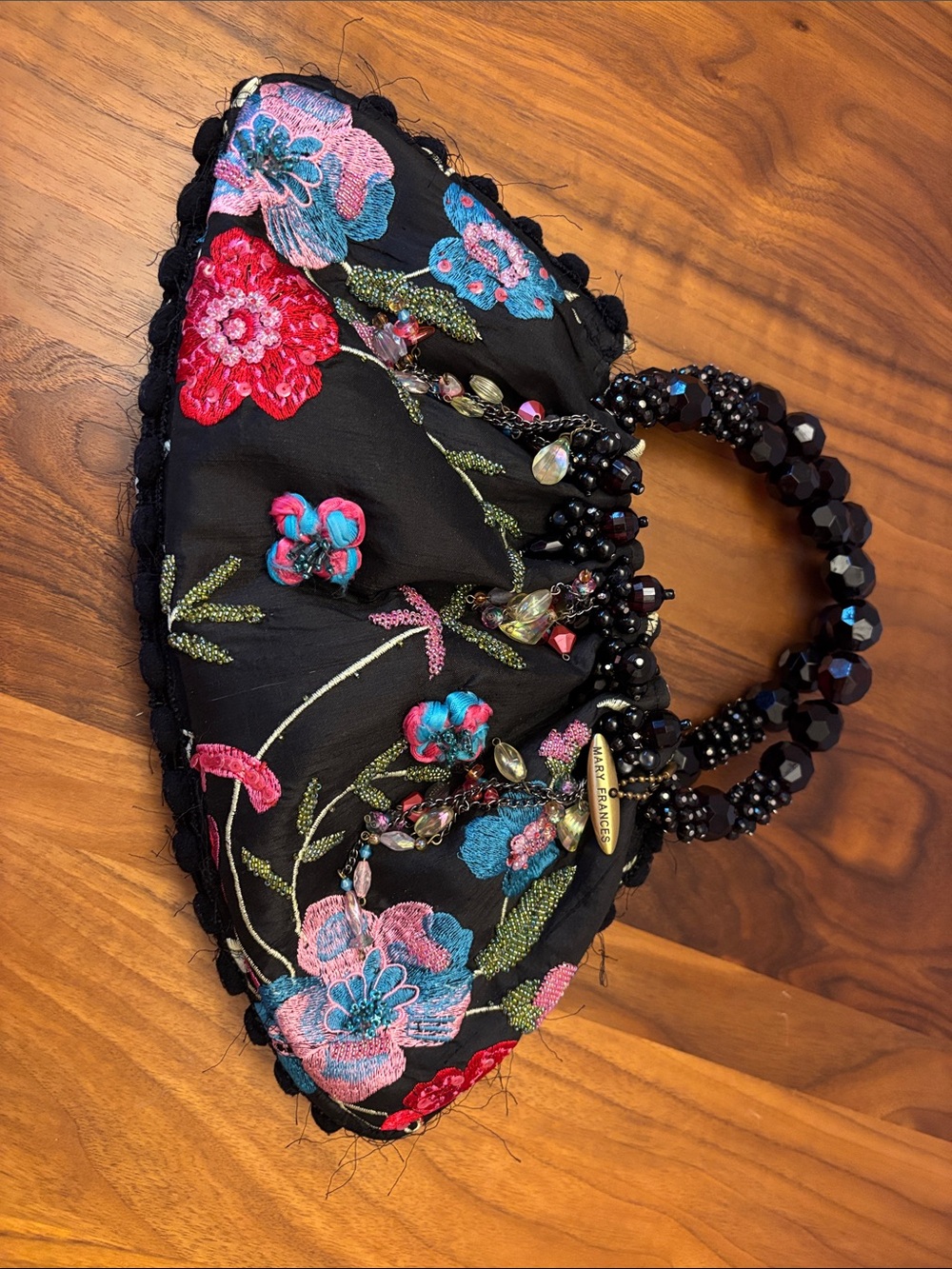Mary Frances Embroidered Black Floral Beaded-Handle Women's evening bag